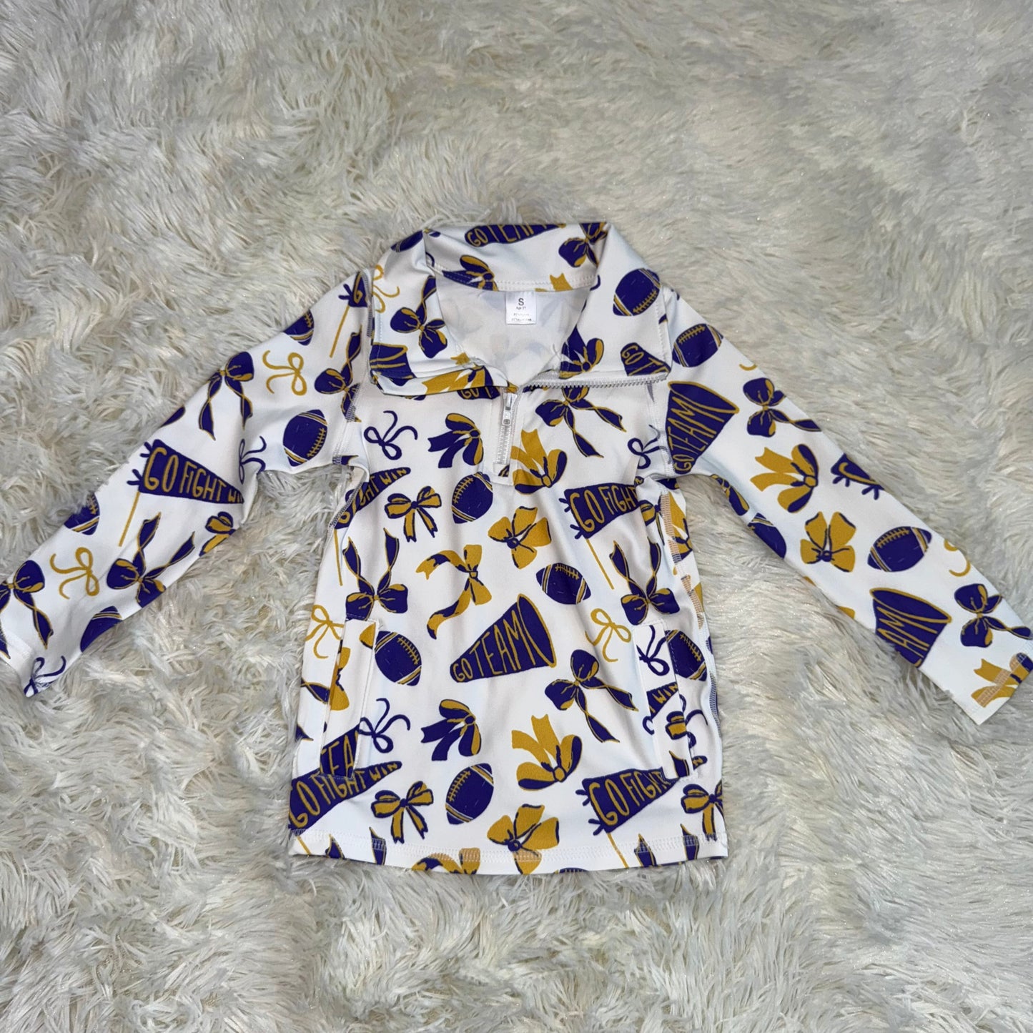 11.15 RST GT1226 Baby Girls Purple Yellow Bows Footballs Go Team Yoga Active Zipper Pockets Pullovers Top
