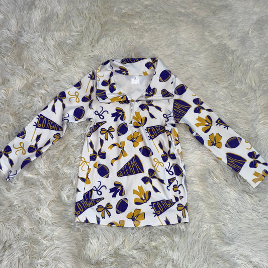 11.15 RST GT1226 Baby Girls Purple Yellow Bows Footballs Go Team Yoga Active Zipper Pockets Pullovers Top