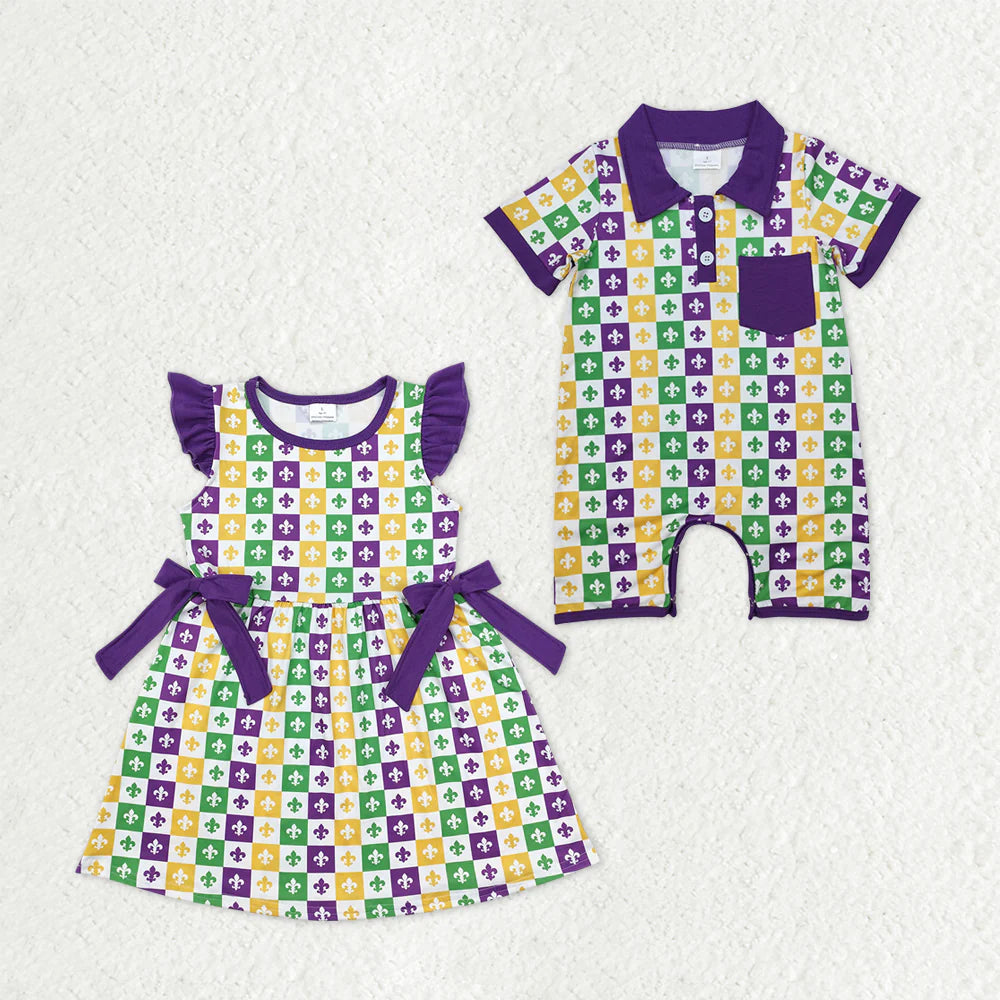 12.20 RTS Sibling Baby Boys Girls Mardigras Anchors Checked Bows Knee Length Dress Pocket Rompers