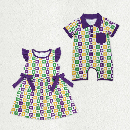 12.20 RTS Sibling Baby Boys Girls Mardigras Anchors Checked Bows Knee Length Dress Pocket Rompers