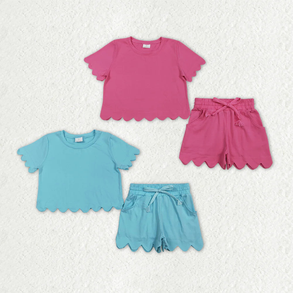 2.27 RTS Sibling Baby Girls Scallop Short Sleeve Top Pockets Shorts Clothes Sets
