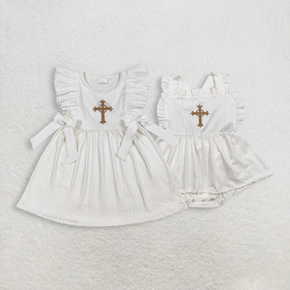 1.21 RTS Sibling Baby Girls Embroidery Cross Easter Knee Length Dresses Rompers