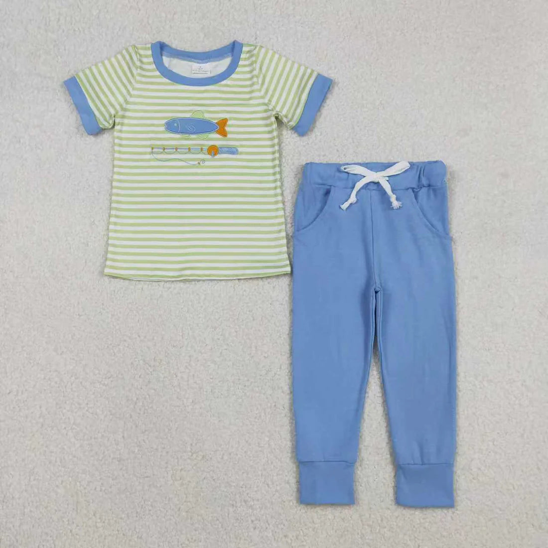 12.5 RTS Sibling Baby Boys Embroidery Fishing Stripe Top Pockets Pant Hunting Clothes Sets Footie Romper