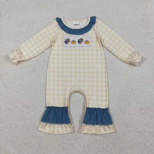 10.17 RTS Sibling Embroidery Turkey Pumpkins Baby Boys Girls Thanksgiving Clothes Sets Ruffle Footie Rompers