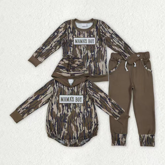 11.26 RTS Sibling Baby Boys Embroidery Mama's Boy Olive Camo Pockets Pant Clothes Sets Hoodie Romper