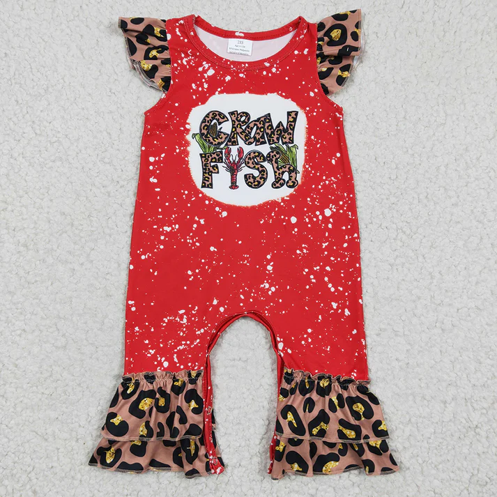 Baby Girls Brown Leopard Print Flying Sleeve Lace Romper Short Sleeve Long Pants Set