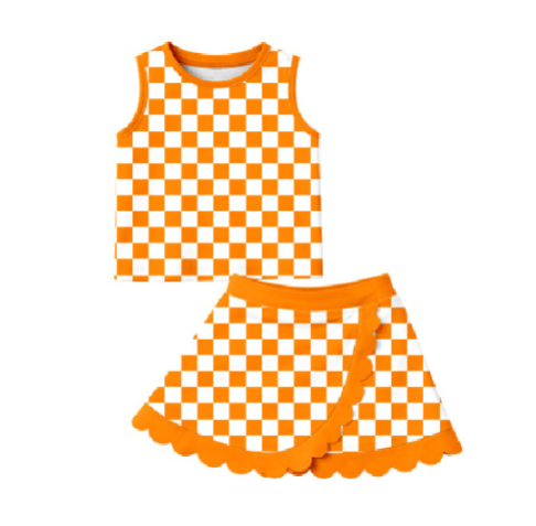 GSD4225 Pre order No Moq Baby Girls Orange Check Scallop Edge Vest Skort Active Sets