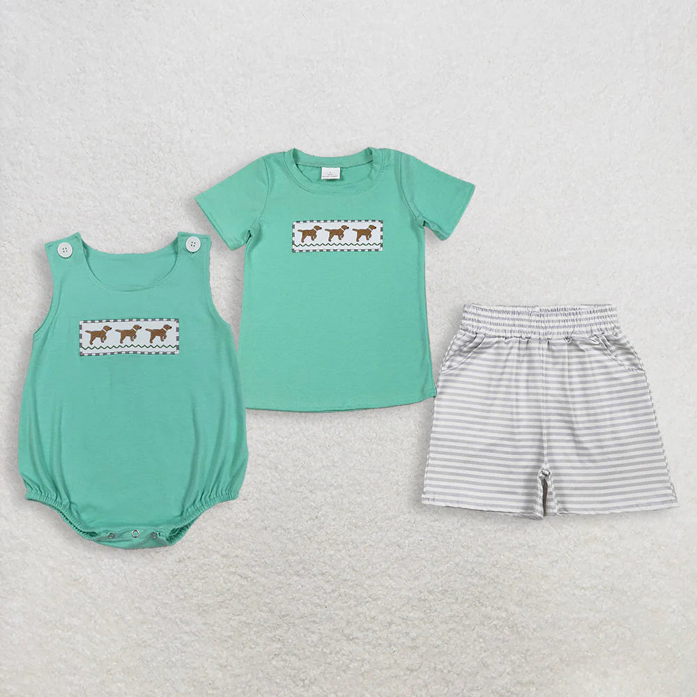 1.21 RTS Sibling Baby Boys Embroidery Dogs Top Pockets Stripe Shorts Hunting Clothes Set Rompers