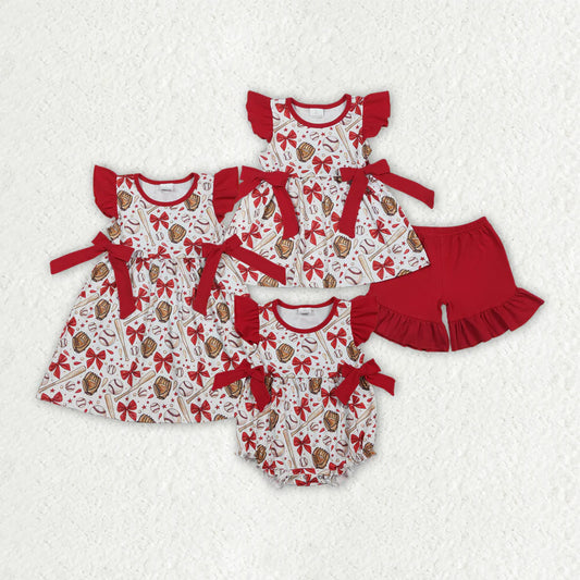2.3 RTS Sibling Baby Girls Red Bows Baseballs Tunic Ruffle Shorts Team Clothes Set Knee Length Dress Rompers