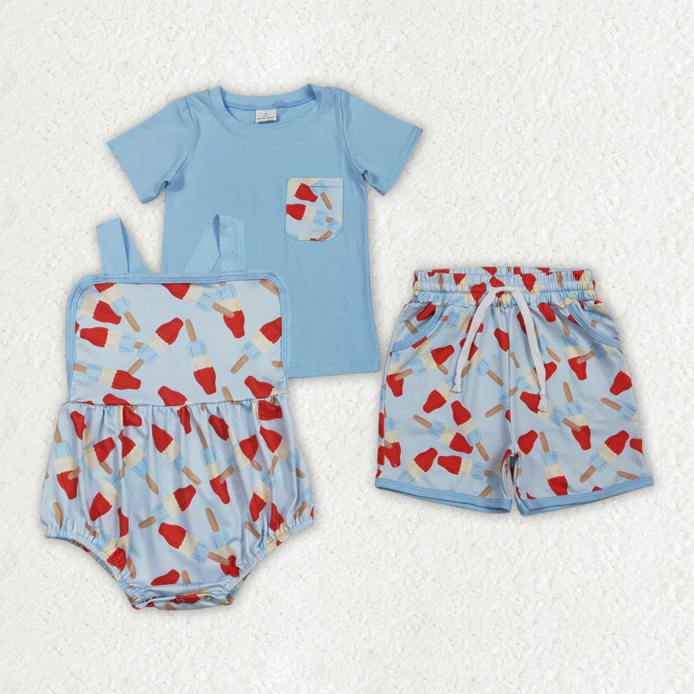 1.27 RTS Sibling Baby Boys Popsicle Shirt Top Pockets Short 4th of July Clothes Set Strap Rompers