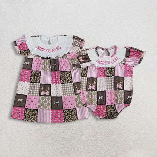 2.2 RTS Sibling Smocked Daddy's Girl Bows Deer Checked Hunting Knee Length Dress Ruffle Rompers