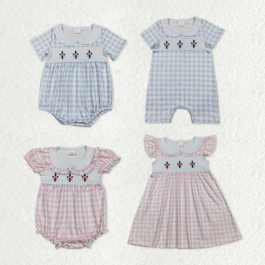 2.4 RTS Sibling Baby Kids Embroidery Crosses Easter Checked Collar Knee Length Dress Rompers