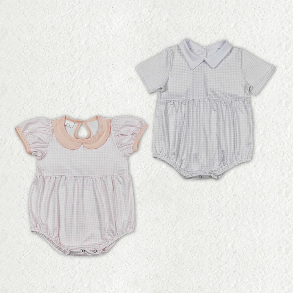3.18 RTS Sibling Baby Boys Girls Summer Pink White Checked Rompers