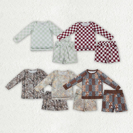 3.18 RTS Sibling Baby Girls Long Sleeve Checked Camo Print Top Shorts Pajamas Clothes Sets