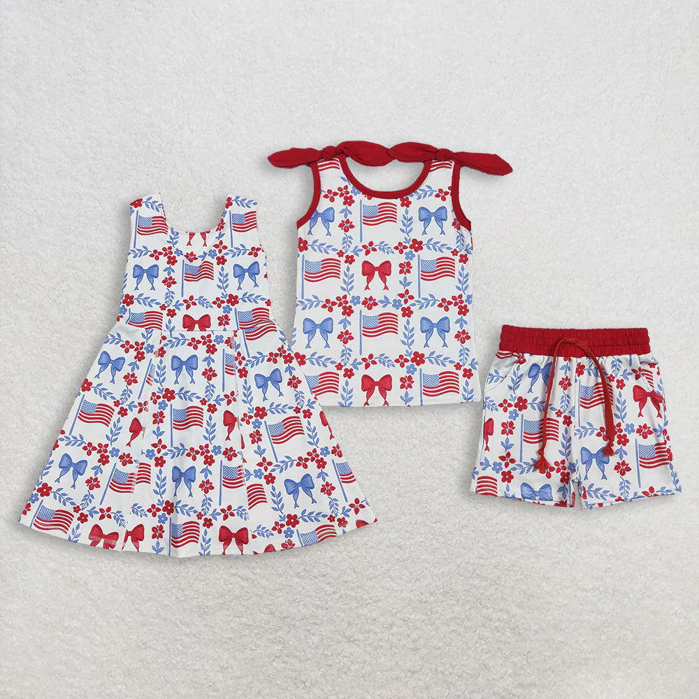 3.18 RTS Sibling Baby Girls Flag Flower Bows Checked Pockets Short 4th of July Clothes Set Active Dresses