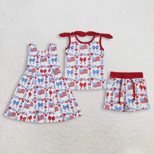 3.18 RTS Sibling Baby Girls Flag Flower Bows Checked Pockets Short 4th of July Clothes Set Active Dresses
