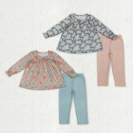3.20 RTS Sibling Baby Girls Colorful Flowers Collar Tunic Legging Pants Clothes Sets