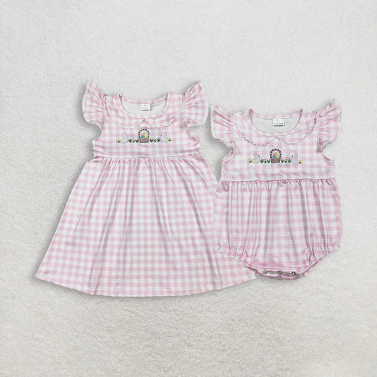 3.26 RTS Sibling Baby Girls Pink Checked Embroidery Rabbits Eggs Easter Knee Length Dress Rompers