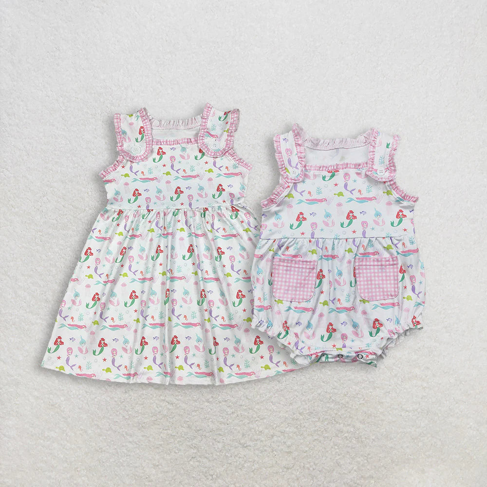 3.26 RTS Sibling Baby Girls Sleeveless Pink Sea Fishes Knee Length Dress Rompers