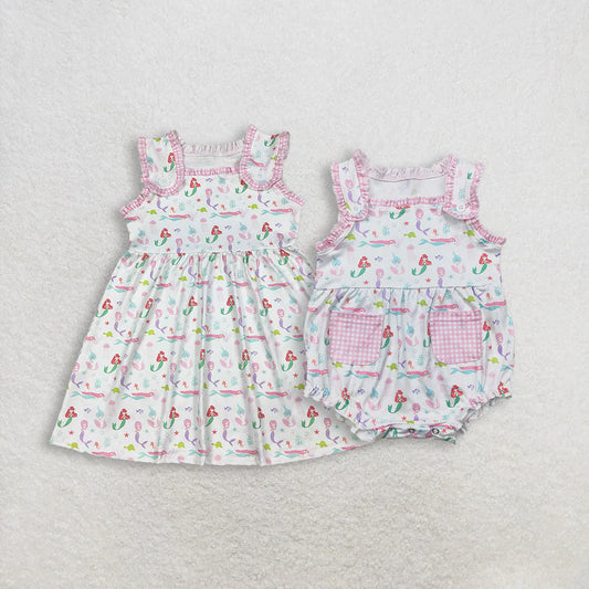 3.26 RTS Sibling Baby Girls Sleeveless Pink Sea Fishes Knee Length Dress Rompers