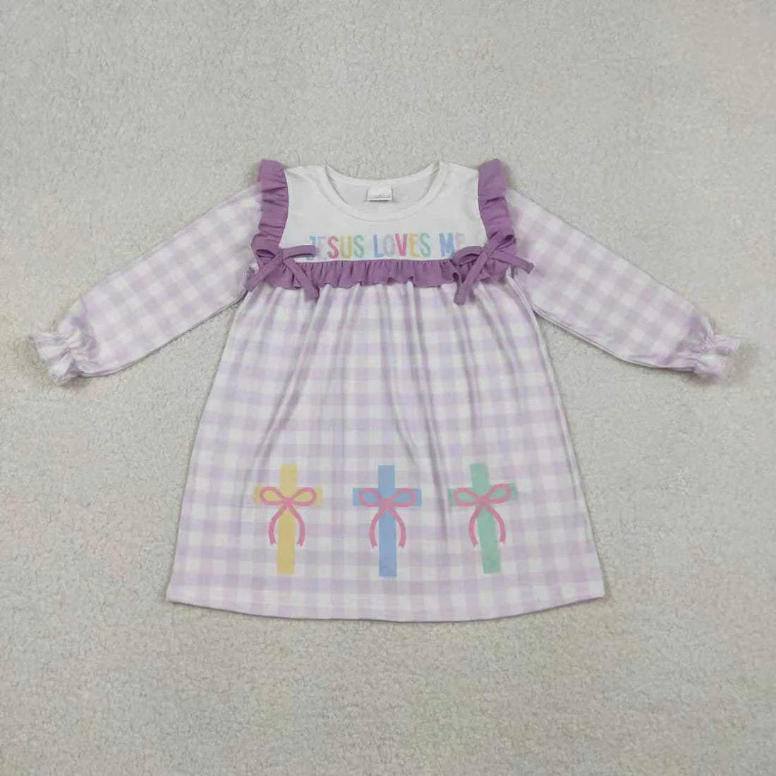10.27 RTS Sibling Baby Girls Lavender Checked Jesus Love Me Crosses Knee Length Dress Romper