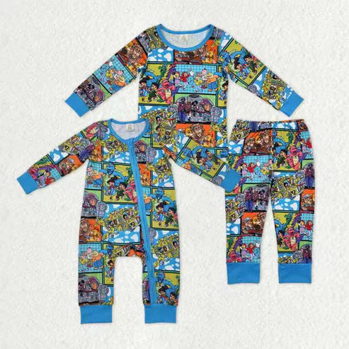 11.11 RTS Sibling Baby Boys Cartoon Kid Animals Bamboo Pant Pajamas Sets Zipper Footie Rompers