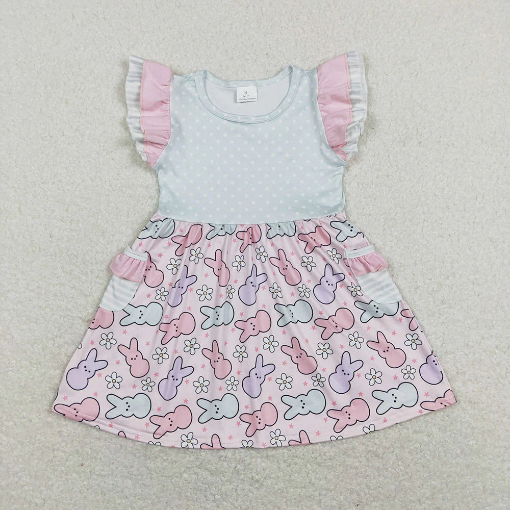 2.11 RTS Sibling Baby Girls Easter Rabbits Flutter Sleeve Dresses Rompers