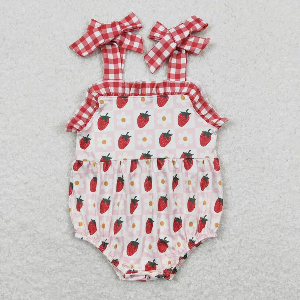 USA Warehouse (IN STOCK) SR0978 Baby Girls Summer Romper Baby Infant Girls Strawberry Red Checkered Straps Summer Rompers
