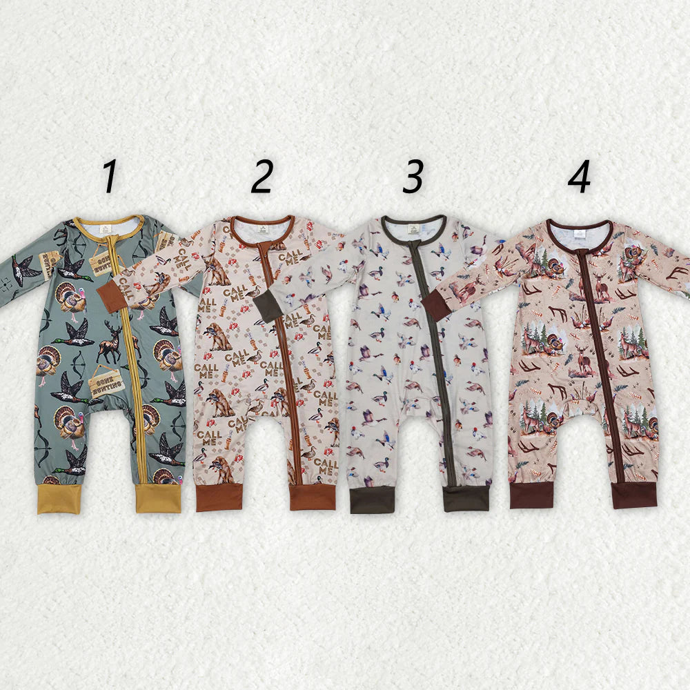 1.15 RTS Sibling Baby Infant Boys Hunting Season Duck Bamboo Zip Sleepers Rompers