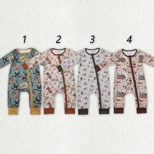 1.15 RTS Sibling Baby Infant Boys Hunting Season Duck Bamboo Zip Sleepers Rompers