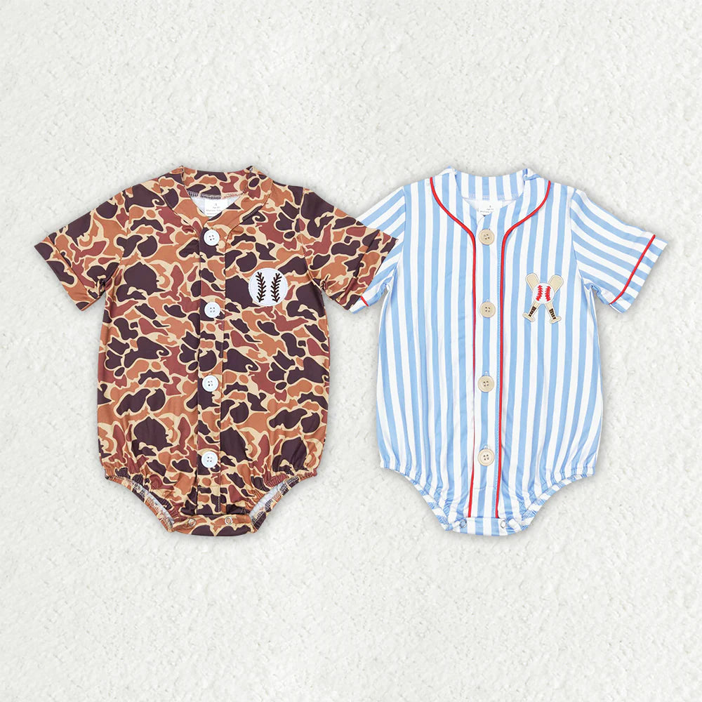 12.8 RTS Sibling Baby Infant Boys Baseball Embroidery Buttons Short Sleeve Rompers