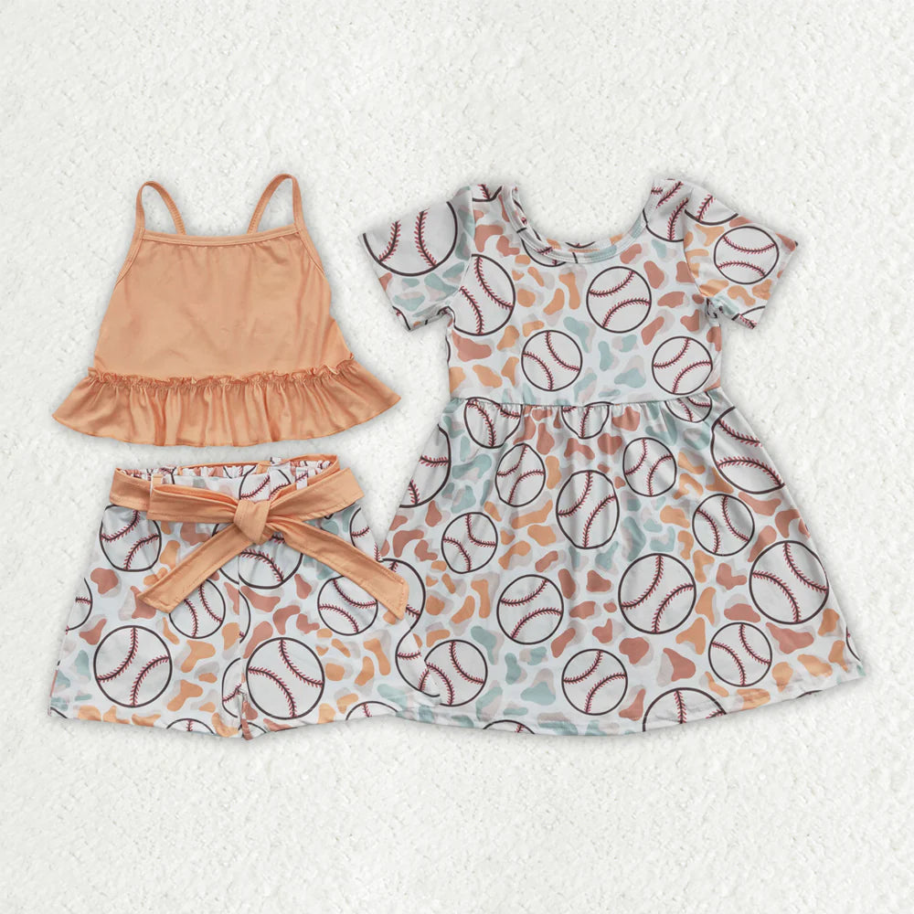 12.8 RTS Sibling Baby Girls Baseball Summer Dresses Outfits Sets