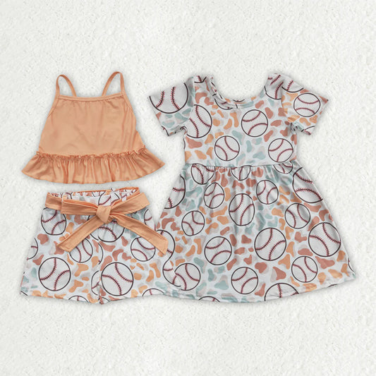 12.8 RTS Sibling Baby Girls Baseball Summer Dresses Outfits Sets