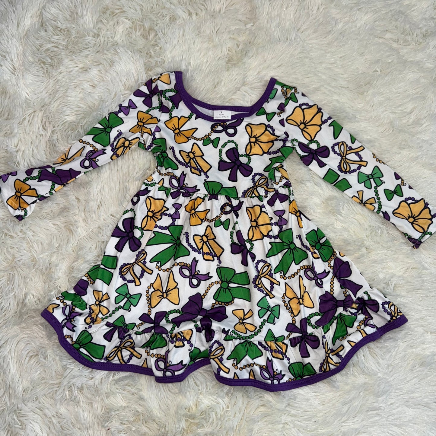 11.24 RST GLD1320 Baby Girls Mardigras Bows Masks Ruffle Knee Length Dresses