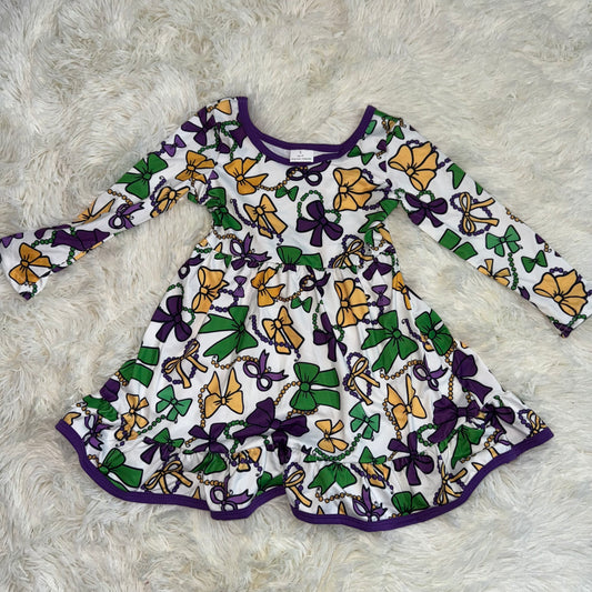 11.24 RST GLD1320 Baby Girls Mardigras Bows Masks Ruffle Knee Length Dresses