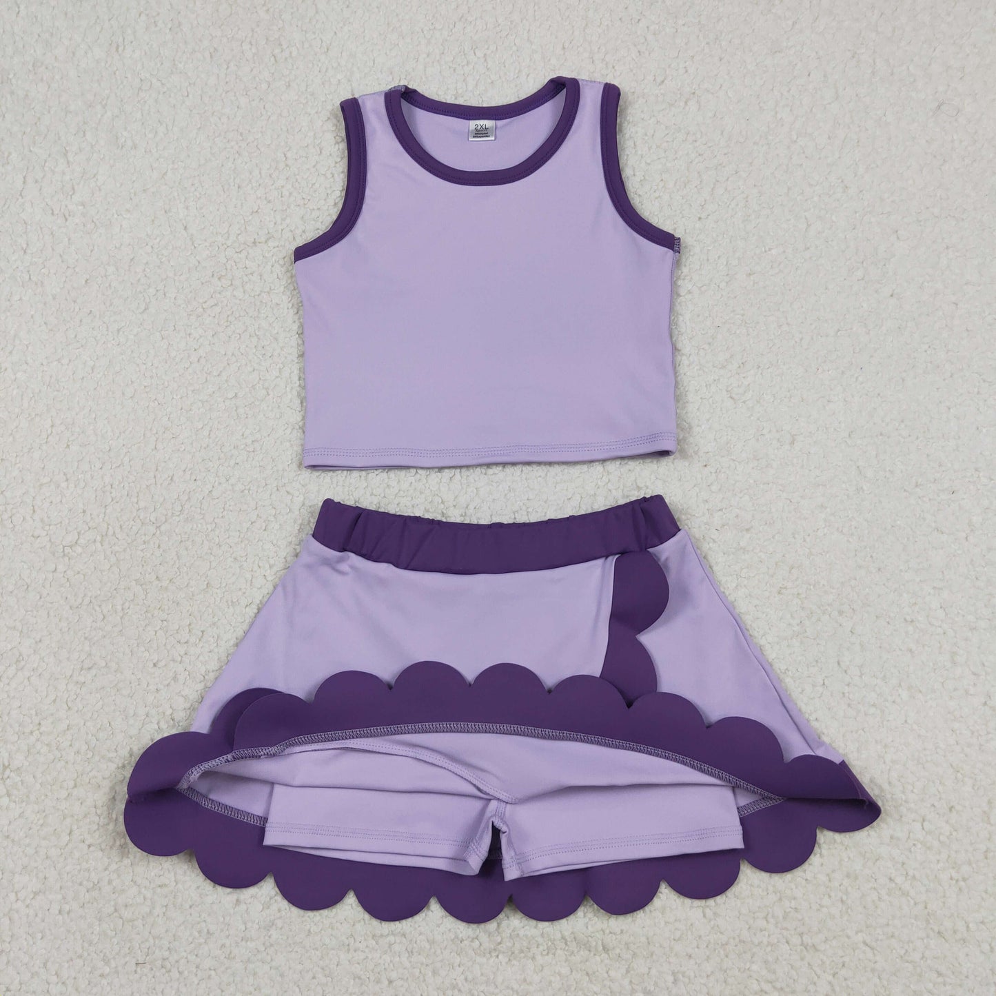 GSD4026 RTS NO MOQ （In stock ）Sleeveless lavender purple scallop kids girls active wear set