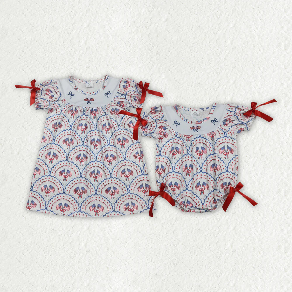 3.20 RTS Sibling Baby Girls Embroidery Bow Flags Checked 4th of July Knee Length Dress Rompers