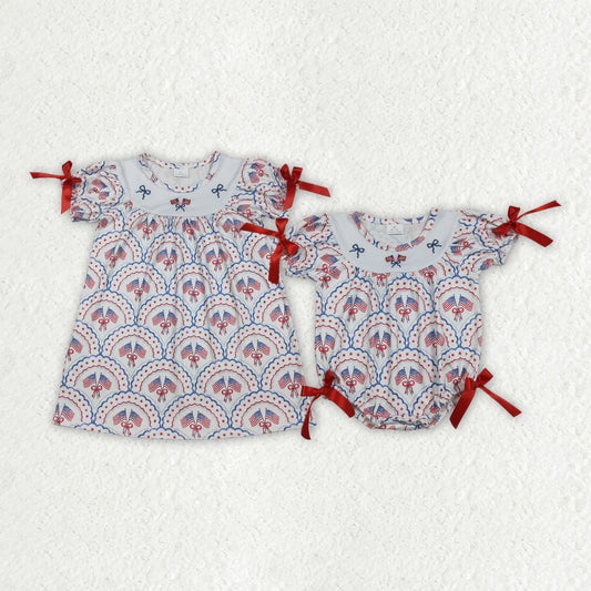 3.20 RTS Sibling Baby Girls Embroidery Bow Flags Checked 4th of July Knee Length Dress Rompers