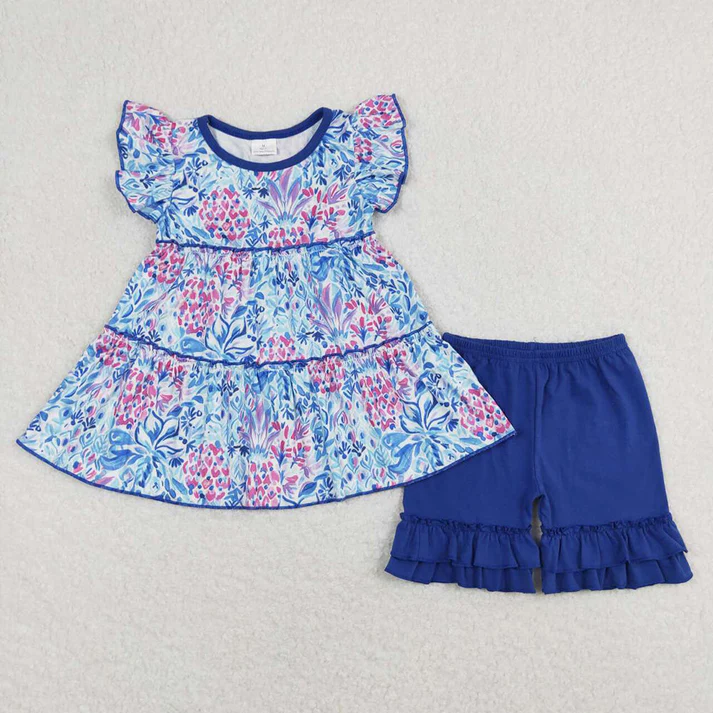 Baby Girls Colorful Floral Pattern Fly Sleeve Top Lace-up Shorts Set