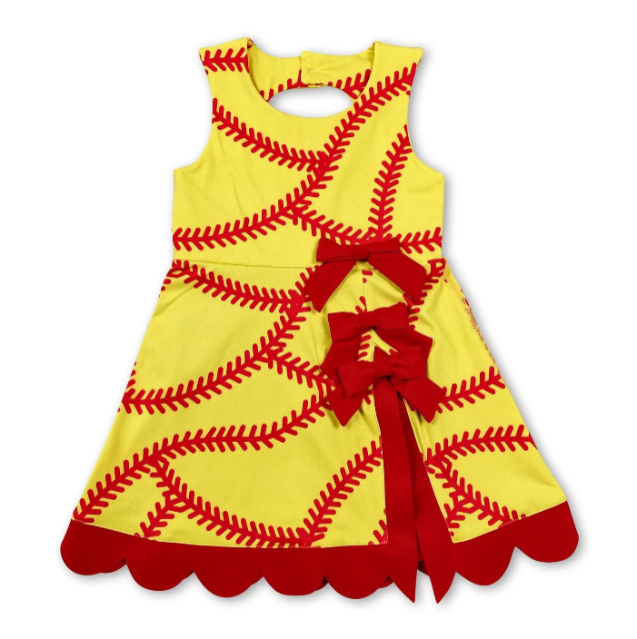 RTS NO MOQ Sibling yoga fabric Baby Girls Bow Scallop Trim Knee Length  Athletic Short Dress