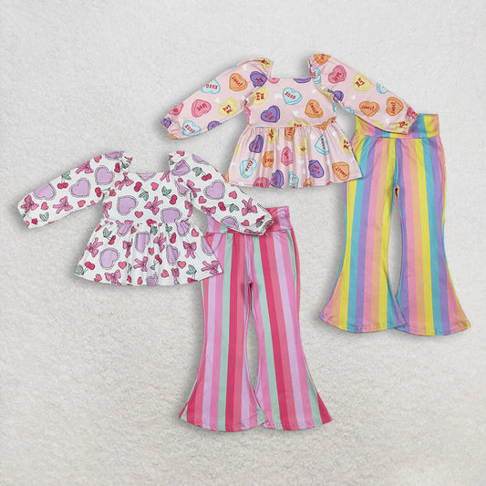 12.15 RTS Sibling Baby Girls Colorful Hearts Bows Tunic Stripe Bell Bottom Pants Valentines Clothes Sets