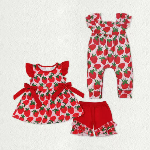 9.17  RTS Sibling Baby Girls Red Short Sleeves Strawberry Bows Ruffle Shorts Clothes Sets Footie Rompers