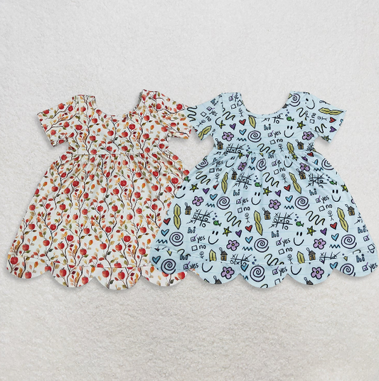 RTS NO MOQ Sibling milk silk Baby Girls Letters Flower  Scallop Hem Knee Length Back to School Dress(2T-14-16T）