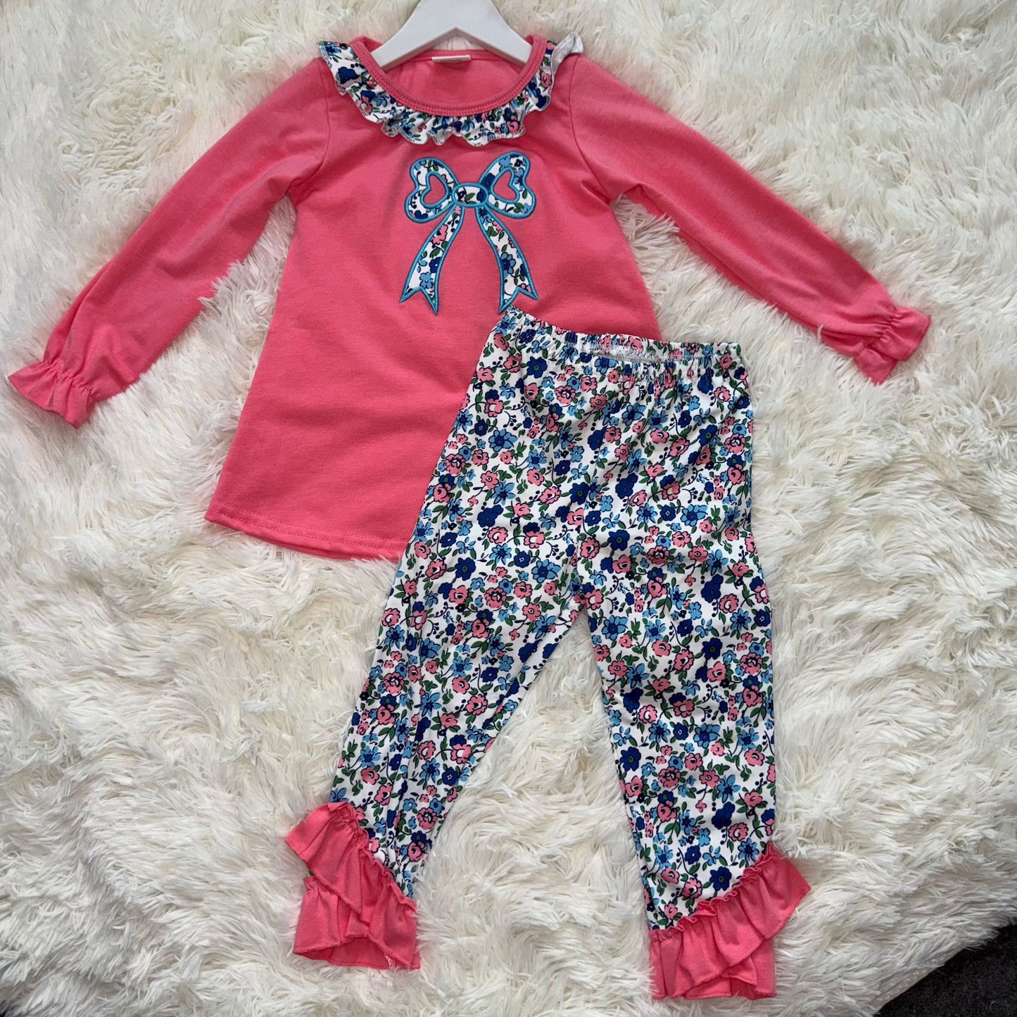 11.1 RST GLP2777 Embroidery Floral Bow Baby Girls Tunic Ruffle Leggings Clothes Set