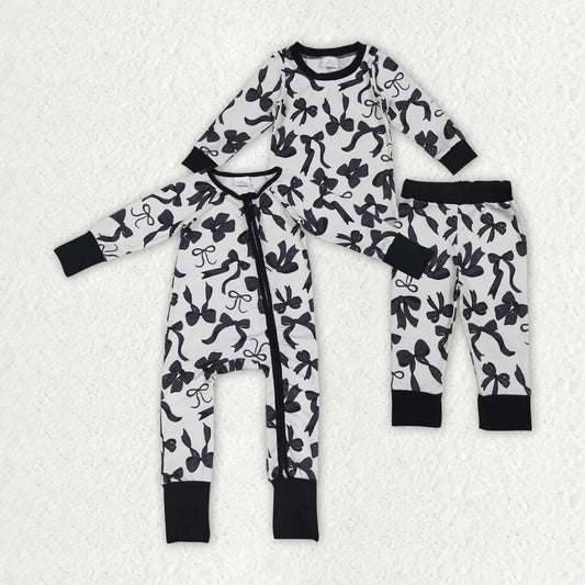 10.3 RTS Sibling Baby Girls Long Sleeves Black Bows Rompers Pajamas
