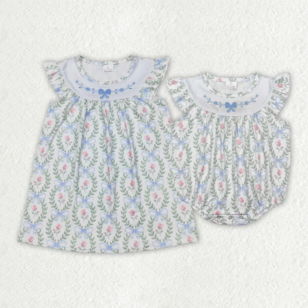 12.4 RTS Sibling Embroidery Baby Girls Spring Bows Leaves Rompers Dresses
