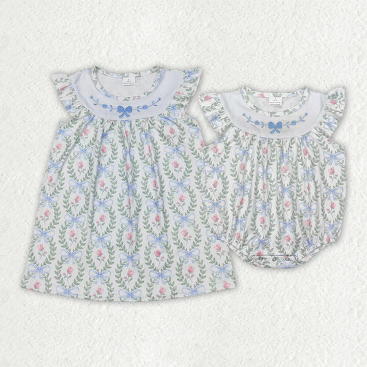 12.4 RTS Sibling Embroidery Baby Girls Spring Bows Leaves Rompers Dresses