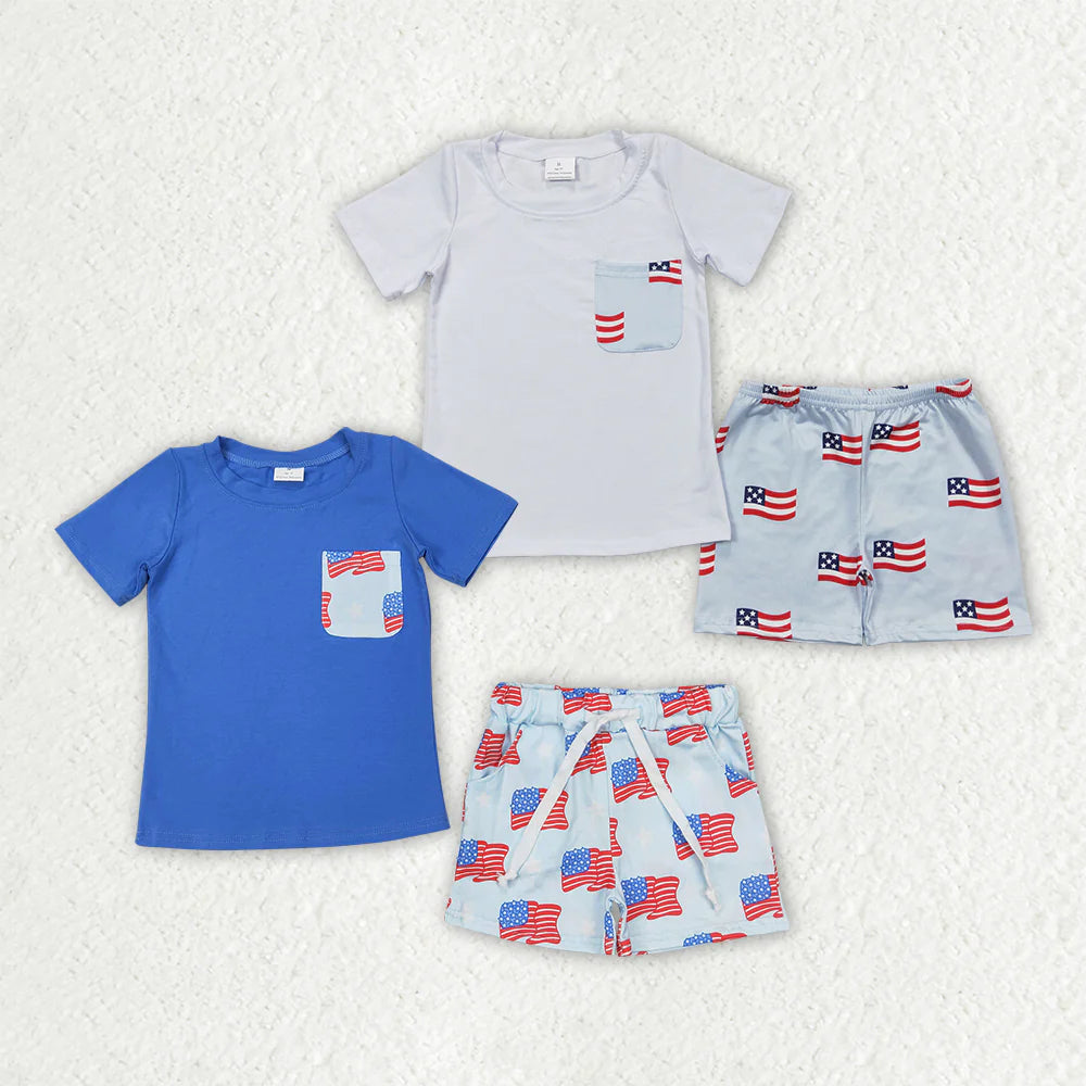 11.14 RTS 2 Colors Sibling Baby Boys 4th of July Flags Pocket Shirts Shorts Outfits