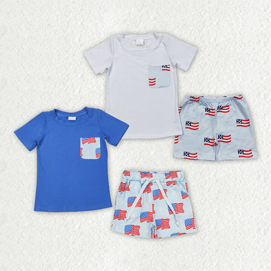 11.14 RTS 2 Colors Sibling Baby Boys 4th of July Flags Pocket Shirts Shorts Outfits