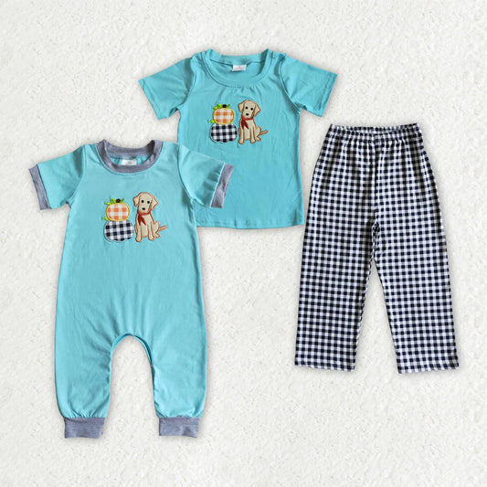 10.3 RTS Sibling Baby Boys Dog Pumpkins Embroidery Rompers Outfits Sets